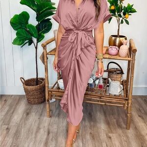 Chic Pink Midi Dress with Tie Back